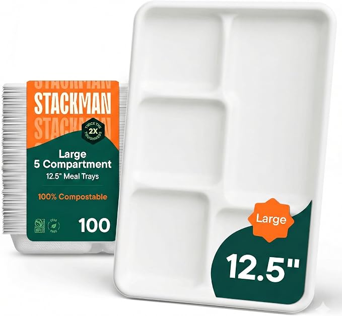 100% Compostable, Large 5 Compartment, Disposable Tray by StackMan