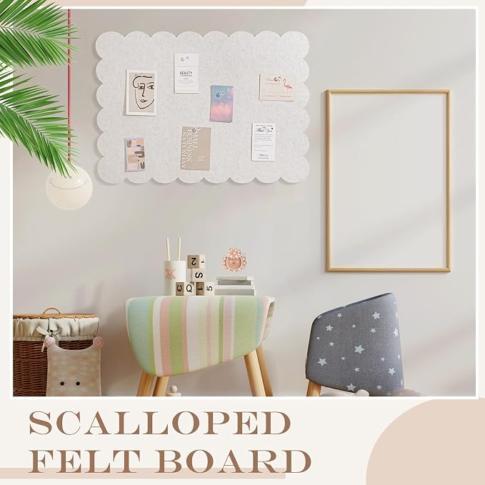 Mooliwe Scalloped Felt Bulletin Board 36 x 24 Inches Foldable Beige Pin Cork - Image 6