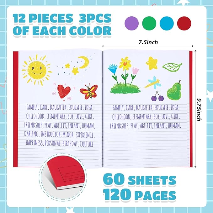 Henoyso 12 Pcs 120 Pages Primary Composition Notebooks K-2 9 3/4 x 7 1/2 Inch Journals Primary Journals Blank Books for Kids to Write Stories Kindergarten (Red,Green,Blue,Purple)-DeskLoop Office