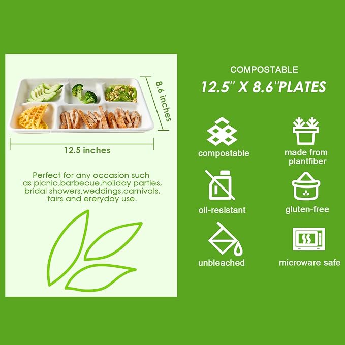 Vplus 100% Compostable 5 Compartment Paper Plates, 100 Pack, 12.5 x 8.6 inch - Image 3