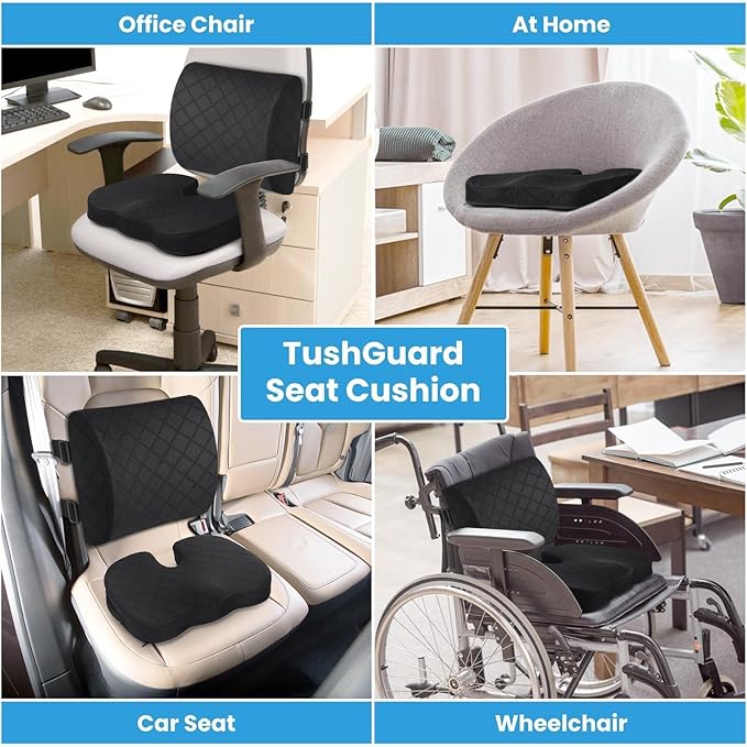 TushGuard Office Chair Cushions with Handles, Back&Seat Cushion, Sciatica & Back Coccyx Tailbone Discomfort Easing Chair Pad, Memory Foam Lumbar Support Pillow for Gaming, Desk, Wheelchair, Car(Black)-DeskLoop Office