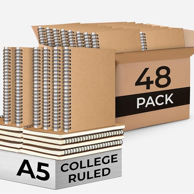 48 Pack Kraft Spiral Notebook, A5 College Ruled, 5.8 x 8.3, 120 Pages (60 Sheets), 100 GSM Thick Paper, Hardcover Planner Notebooks, Travel Writing Journals, Bulk Home Office School Supplies-DeskLoop Office