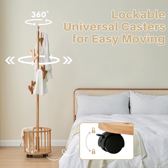 Uniclinens Solid Wood Coat Rack Freestanding with Umbrella Holder, Tree Coat Rack Stand with Lockable Universal Casters & 12 Hooks for Entryway Bedroom, Natural-DeskLoop Office