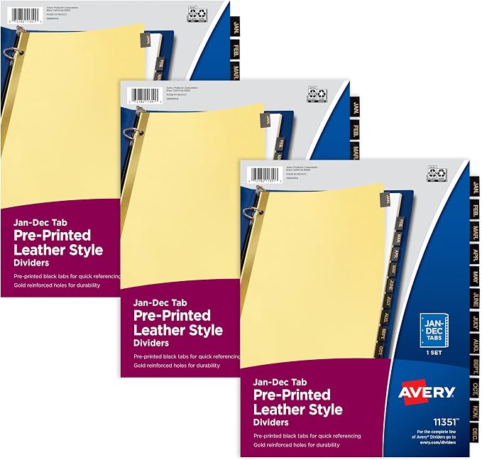 Avery Jan-Dec Dividers for 3 Ring Binders, 12 Tabs per Set, Pre-Printed Black by Avery