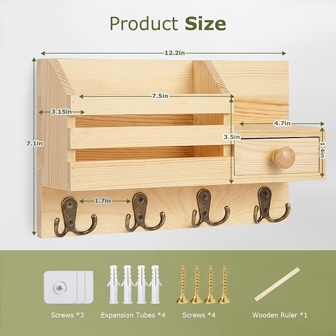 Key Holder Wall Mount, Wooden Adhesive Mail and Key Organizer - Image 5