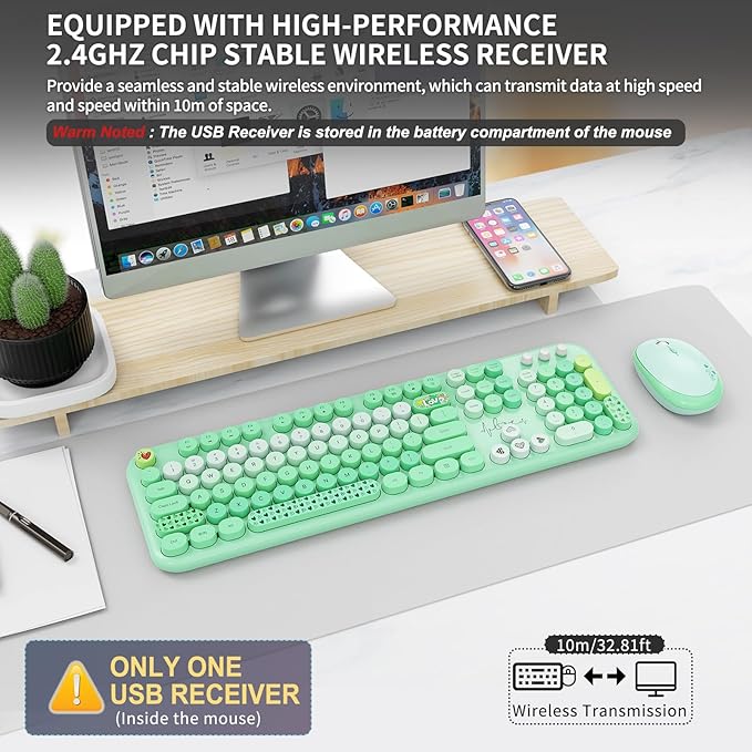 FOPETT Wireless Keyboard and Mouse Combo - 2.4G Full-Sized Cute Colorful Retro Keyboard with Round Keycaps 104 Keys Typewriter Keyboard for Laptop/Windows/PC-Green Colorful-DeskLoop Office