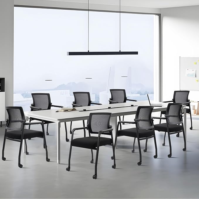 Waiting Room Chairs with Wheels, Adjustable Mesh Backrest, Desk Chair with Ergonomic Lumbar Support and Thickened Seats Cushion, 4 Pack Black-DeskLoop Office