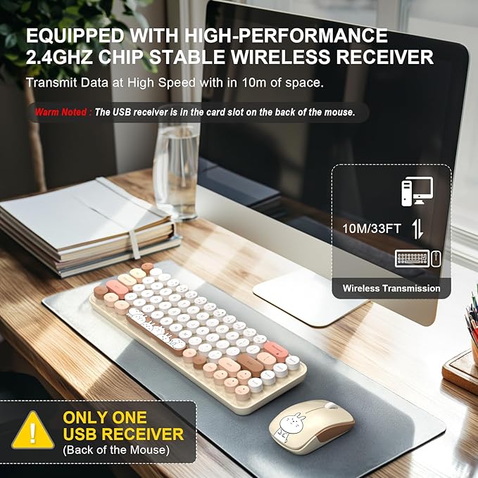 FOPETT Wireless Keyboard and Mouse Cute Mouse and Keyboard 2.4G Wireless Keyboards with Colorful 68 Keys Typewriter Retro Round Keycap for PC, Laptop,Tablet,Computer Windows - Milk Tea Colorful-DeskLoop Office