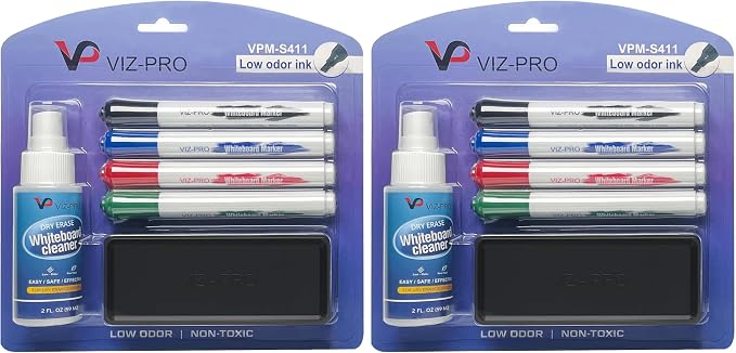 VIZ-PRO Dry Erase Marker Starter Set, Low-Odor Whiteboard Pens, Eraser and by VIZ-PRO