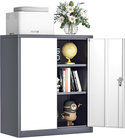 INTERGREAT Metal Cabinet with Lock, Lockable Metal Storage Cabinets with Doors and Shelves for Garage, Grey White Locking Garage Storage Cabinets 36"×32"×16"-DeskLoop Office