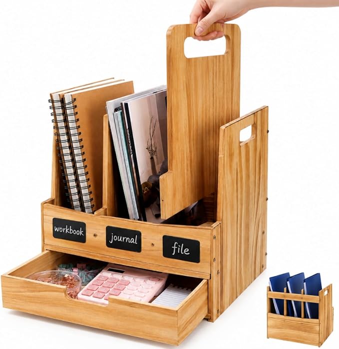 Wood Desk File Organizer, 3-Section Vertical File Holder by ELFULLY