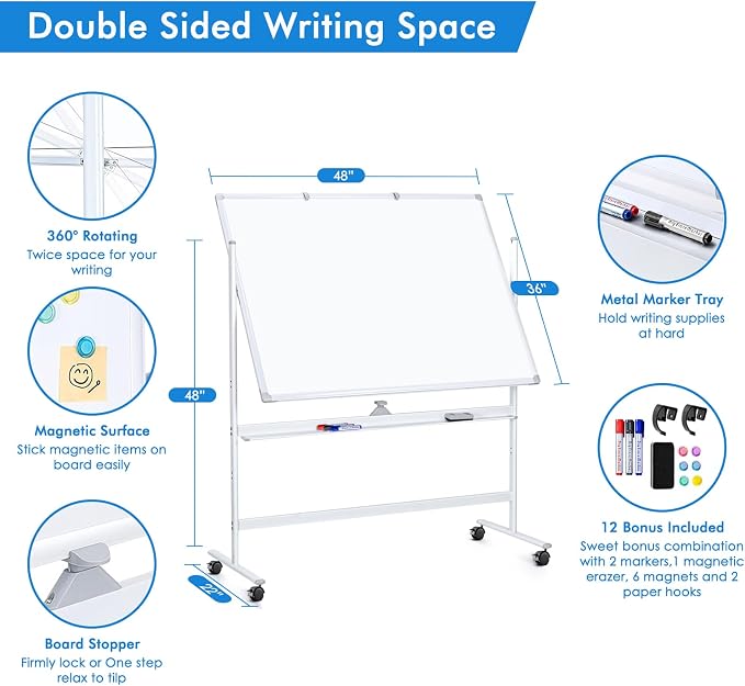 Large Rolling White Board, 48x36 in Double-Sided Mobile Whiteboard, maxtek - Image 6