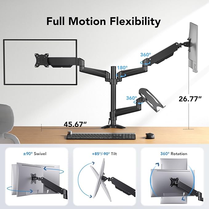 HUANUO Dual Monitor and Laptop Mount for Max 32” Monitor and 17” Laptop, Adjustable Spring Arm with Tilt, Swivel and Rotation, Dual Monitor and Notebook Stand with VESA Bracket 75/100 mm-DeskLoop Office