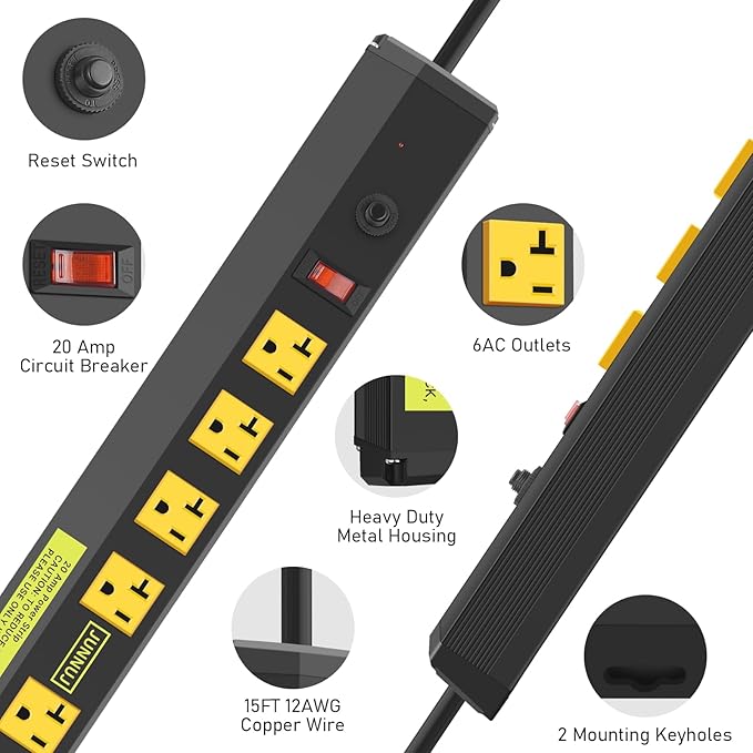 JUNNUJ Heavy Duty Metal Power Strip 20 Amp, High Amp Surge Protector 6 Outlet, 20A Power Strips Workshop Industrial Outlets Wide Spaced 6-20R T-Slot with Circuit Breaker, 12 Gauge Extension Cord 15ft-DeskLoop Office