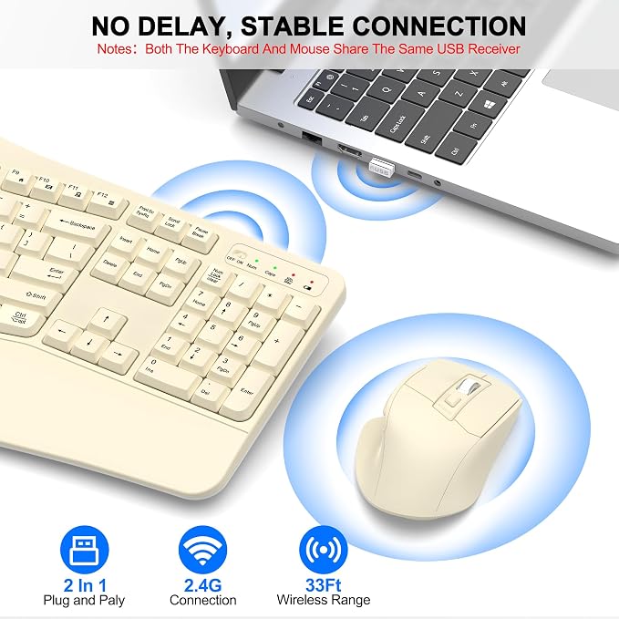 Wireless Keyboard and Mouse Combo, Ergonomic Wave Keys | 2.4G Full Size Wave - Image 5