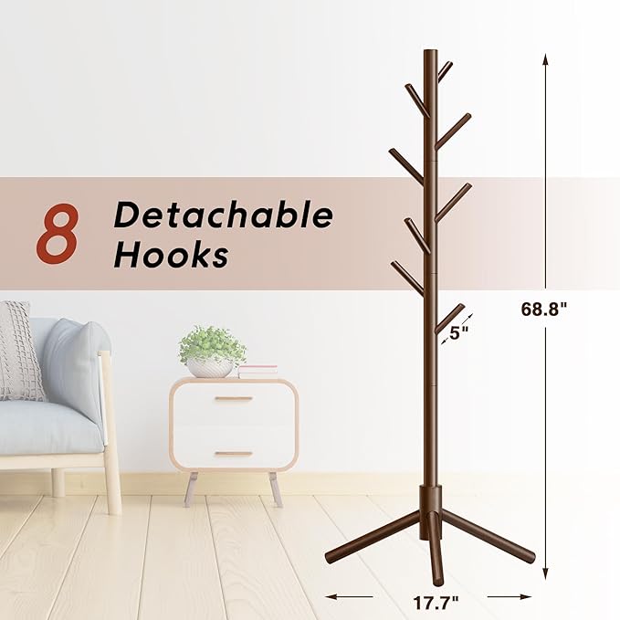Wooden Coat Rack, Free Standing Coat Rack with 8 Hooks 3 Adjustable Heights for Clothes, Hats, Handbags, Coat Tree Easy Assembly for Entryway, Bedroom, Hallway, Office (New Brown)-DeskLoop Office