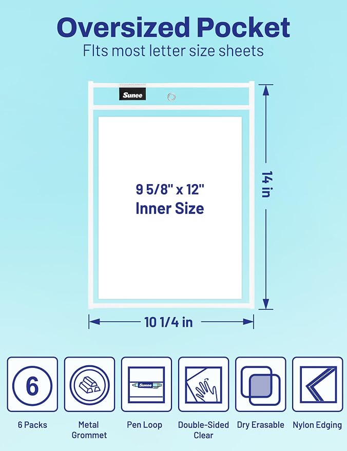 SUNEE 6 Packs Oversized Reusable Dry Erase Pocket Sleeves - Image 2