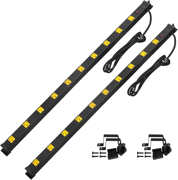 SURAIELEC 10 Outlet Long Power Strip Surge Protector, Industrial Heavy Duty Metal Shop Power Strip Flat Plug, 1000 Joules, 15 A Breaker, 6FT Cord, Wall Mountable, for Work Bench, Shop, Garage, 2 Pack-DeskLoop Office