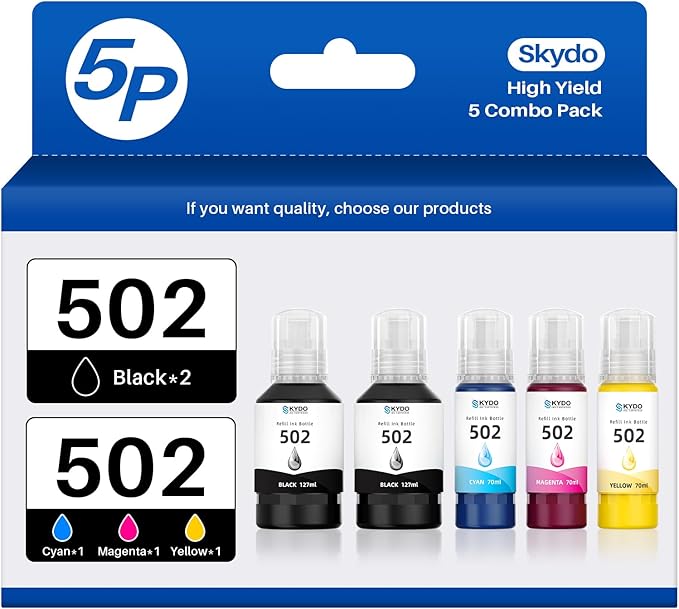 502 T502 Ink Refill Bottles Compatible for ET2760 ET2750 ET-3760 ET-2850 ET-15000 ST-4000 ST-2000 ET-3710 ET-3850 ET-3750 ET-4850 ET4750 ET2700 ST3000 ET3700 Printer(5 Pack)-DeskLoop Office
