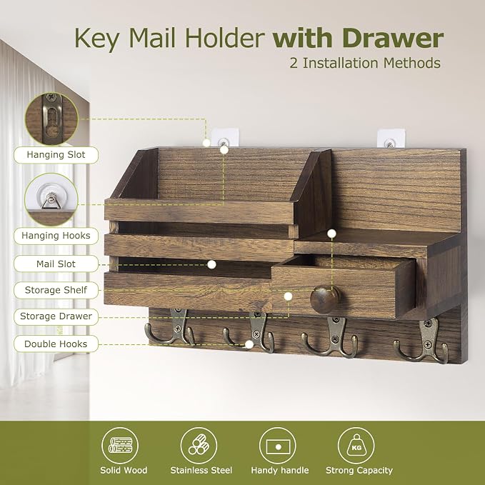 Key Holder Wall Mount, Wooden Adhesive Mail and Key Organizer - Image 3