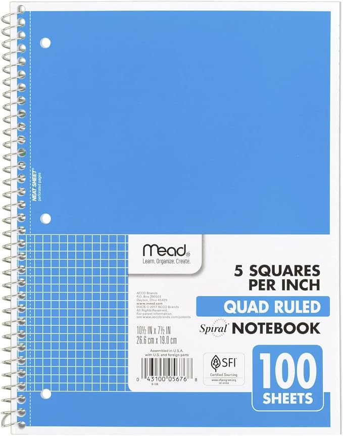 Mead Spiral Notebook, 1 Subject, Graph Ruled Paper, 7-1/2" x 10-1/2", 100 Sheets by Mead