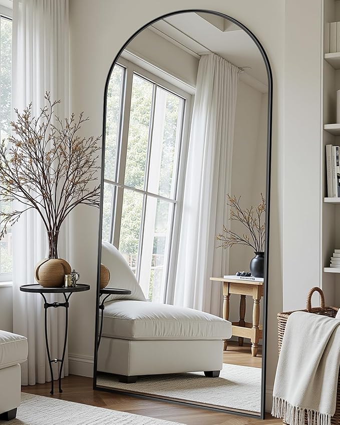 Full-Length Floor Mirror with Stand, 68"x26" Arched Style Full Body Standing Mirror for Bedroom, Living Room, Gym, Dorm - Shatter-Resistant & Easy Assembly, Black-DeskLoop Office