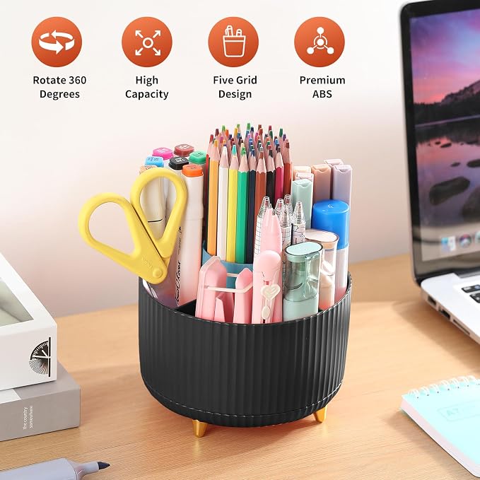 Desk Pencil Pen Holder, 5 Slots 360°Degree Rotating Pen Organizers - Image 2