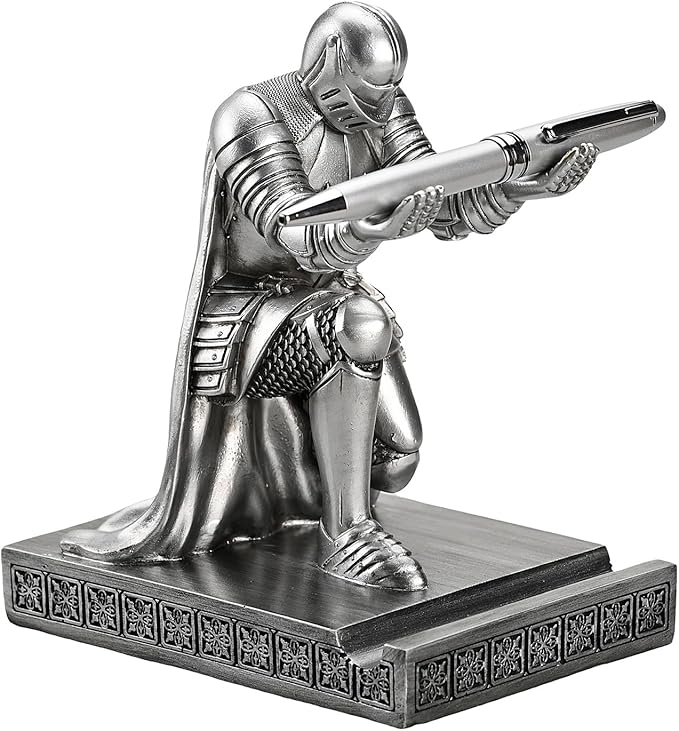 Windbreaker Soldier Knight Pen Holder Personalized Desk Accessory, Mobile Phone & Gaming Controller Holder, Device Stand Gift for Medieval Enthusiasts (Silver)-DeskLoop Office