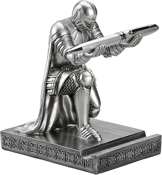 Windbreaker Soldier Knight Pen Holder Personalized Desk Accessory, Mobile Phone & Gaming Controller Holder, Device Stand Gift for Medieval Enthusiasts (Silver)-DeskLoop Office