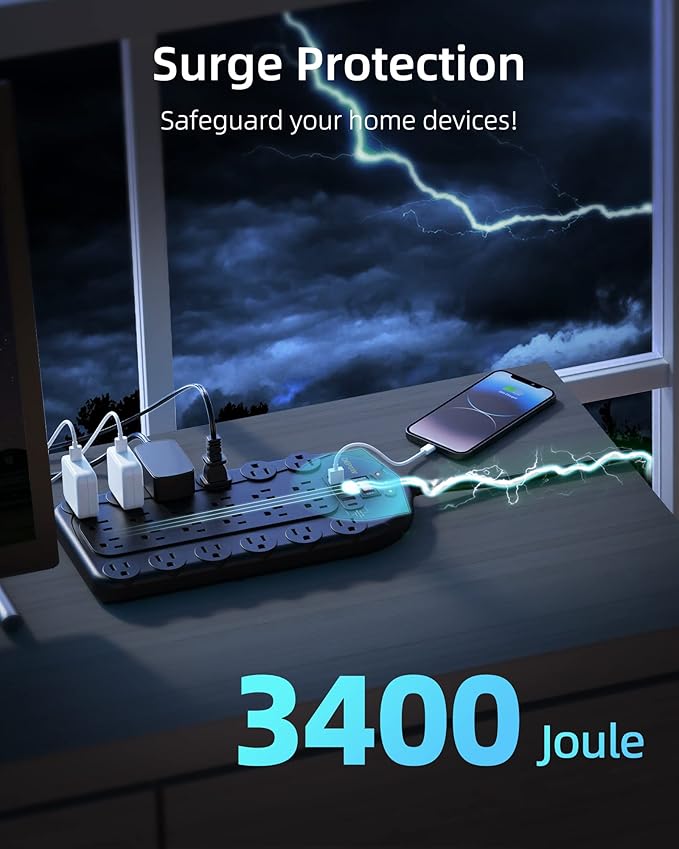 15Ft Power Strip Surge Protector (3,400 Joules), DEPOW 24 AC Multiple Outlets (1875W/15A) with 6 USBs (2 USB-C Ports), ETL Listed, Flat Plug Heavy Duty Long Extension Cord for Home, Office, Black-DeskLoop Office