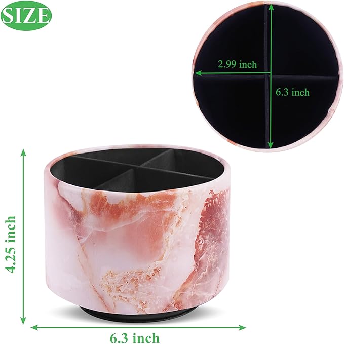 Round Leather Art Supply Organizer,Remote Control Holder,360-degree Rotating Pen Organizer with 4 Compartments(1-Marble Pink)-DeskLoop Office