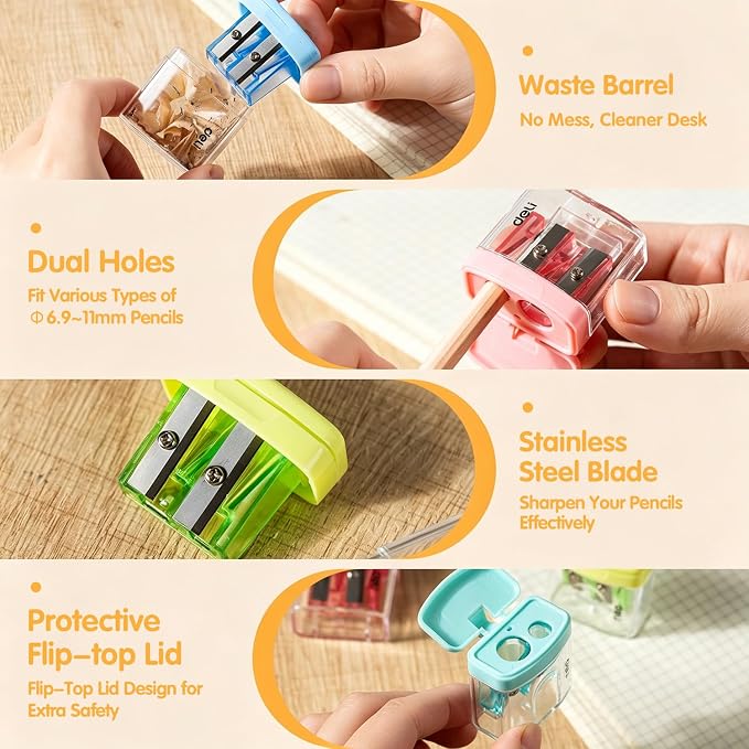 Deli Pencil Sharpener, 100 Pack Pencil Sharpeners Manual, Dual Holes Compact - Image 5