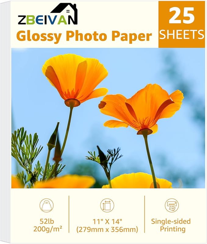 ZBEIVAN 11x14 Photo Paper, Glossy Photo Papers 25 Sheets, 11 x 14 Inkjet Printer Photo Paper for Dye Ink, 200 GSM-DeskLoop Office