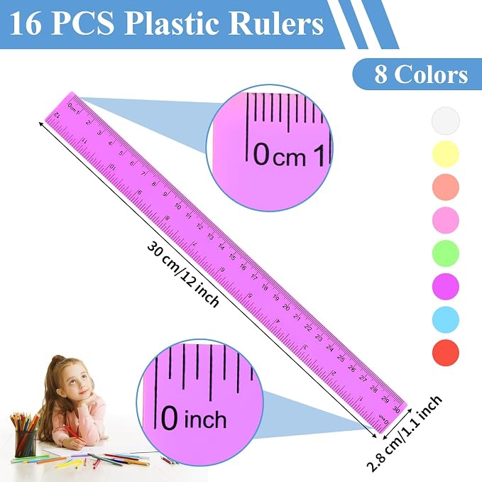 16 Pack Assorted Color Clear Rulers 12 inch, Plastic Ruler Bulks - Image 2