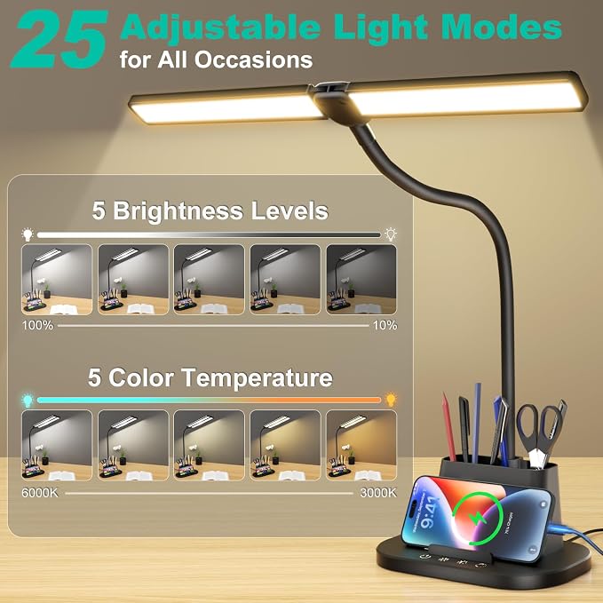 Desk Lamp with USB-C Charging Port and Organizer Base, LED Desk Light with Pen - Image 2