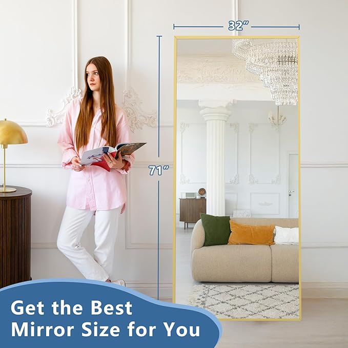 Large Full Length Mirror, 71"x32" Gold Floor Mirror with Stand, Rectangle Standing Mirror for Living Room Bedroom Cloakroom Gym, Thin Aluminum Frame, Tempered Glass-DeskLoop Office