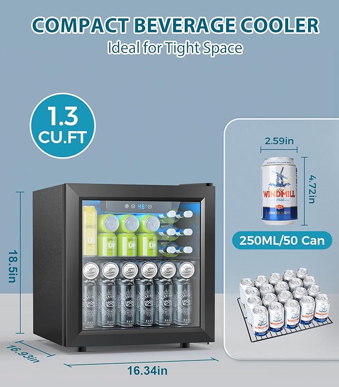 50 Cans Beverage Refrigerator Cooler, 1.3 Cu.ft Mini Fridge Countertop Drink Cooler with Glass Door for Beer, Soda,Wine, Adjustable Digital Temperature Control for Home Dorm Bar, Black-DeskLoop Office