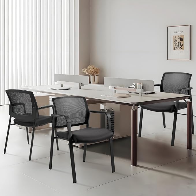 CLATINA Mesh Back Stacking Arm Chairs with Upholstered Fabric Seat and Ergonomic Lumbar Support for Office School Church Guest Reception Black 2 Pack Set-DeskLoop Office