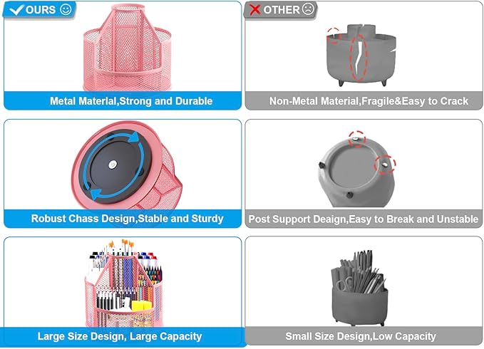 Sturdy Rotating Pen Holder, Cute Metal Pencil Holder, Large Mesh Pen Organizer for Desk, Premium Friendly Office Desk Accessories & Workspace Organizers, Pink-DeskLoop Office