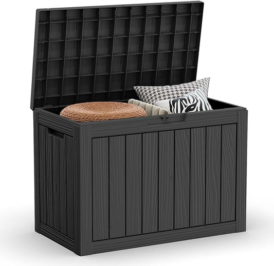 45 Gallon Resin Deck Box, Waterproof Outdoor Storage Bin for Patio, Poolside, and Garden, Lockable & UV-Resistant, Ideal for Small Spaces, Black-DeskLoop Office