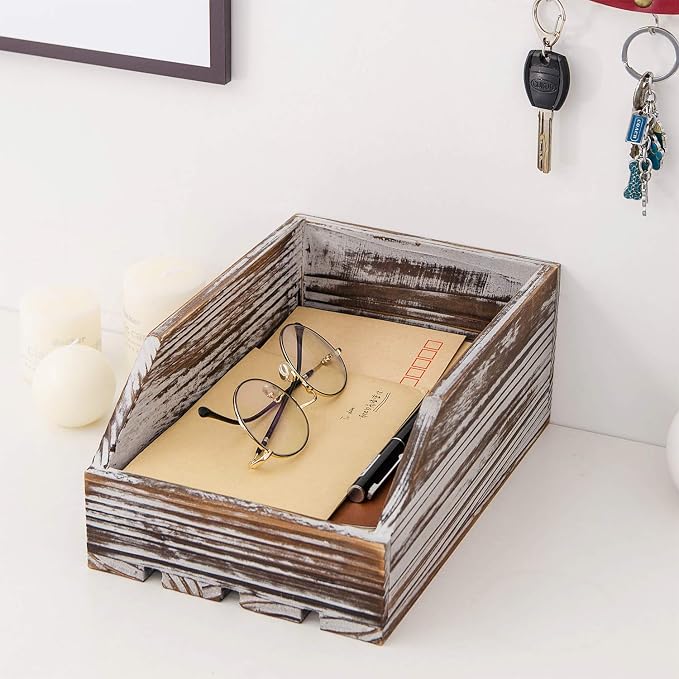 Torched Wood Paper Nesting Tray Stackable Document Storage Crate File Organizer - Image 6
