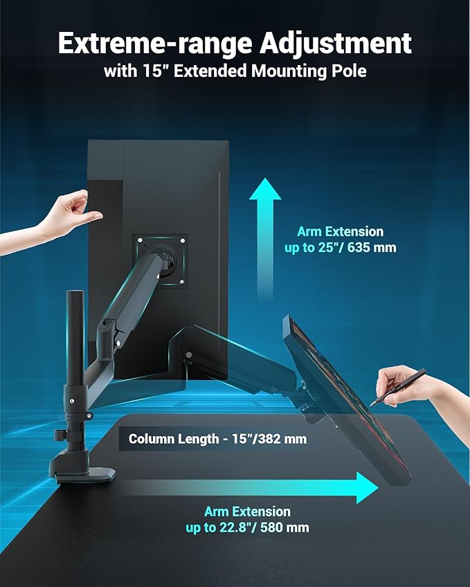 Heavy Duty Monitor Arm for 13-49 Inch Ultrawide Screens, Holds Up to 44lbs, Fully Adjustable Single Monitor Mount, with Clamp & Grommet Base, 75/100mm VESA Desk Mount, Black-DeskLoop Office