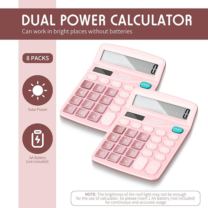 Konohan 8 Pieces 12-Digit Calculator, Solar Basic Desktop Calculator Large Display Electronic Dual Power Handheld for Home Office School(Pink)-DeskLoop Office