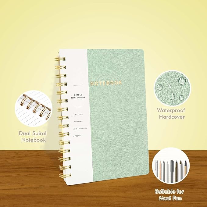 Lined Spiral Notebook College Ruled A5 Journal Book for Note Taking, 160 Pages Writing Journal for Office and Home School Supplies 5.75 x 8.125 inch - MintGreen-DeskLoop Office