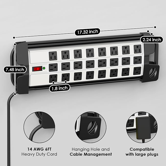 HHSOET Heavy Duty Power Strip with Surge Protection, Industrial Commercial Metal 24 Outlets Wall Mount for Garage Shop, 15 Amp, Switch, 6FT Extension Cord, Grey.-DeskLoop Office