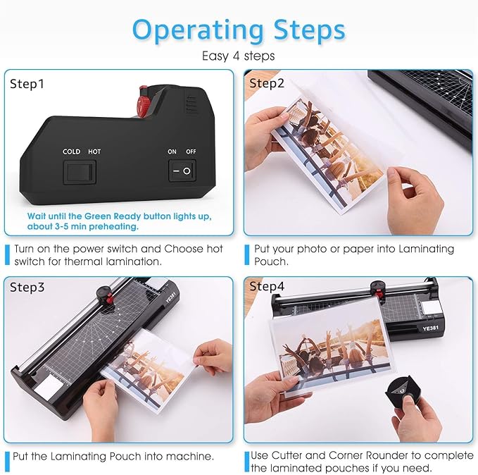 Laminator Machine for A3/A4/A6, YE381 13inch Thermal & Cold Laminating Machine for Home Office School Teacher Use with 50 Pouches, Paper Trimmer and Corner Rounder-DeskLoop Office