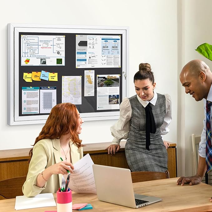 SWANCROWN Enclosed Bulletin Board Weatherproof 37x28in, Outdoor Lockable Bulletin Board Wall Display Case for Office School Commerce, Black Felt, Sliver Aluminum Frame (8xA4)-DeskLoop Office