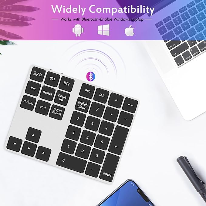 Foloda Bluetooth Number Keypad, Wireless 10 Keys Number Pad for Laptop, 34 Keys Rechargeable Numeric Numpad Key Pad Extensions Keyboard for Chromebook Notebook MacBook-DeskLoop Office