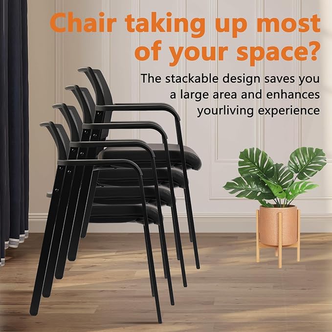 CLATINA Stackable Office Chair, Mesh Back Guest Chairs with Comfortable Leather Seat Arms Stacking Ergonomic Desk Chair No Wheels for Conference Waiting Reception School Stationary, Black, Set of 2-DeskLoop Office