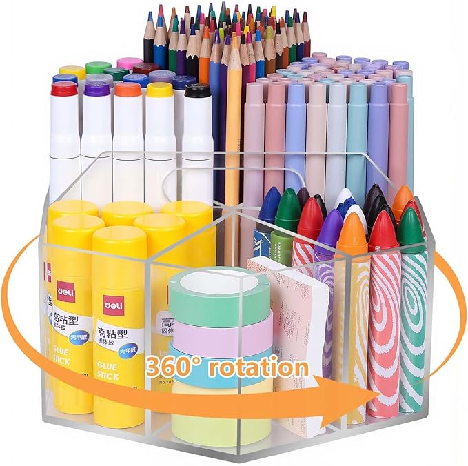 Pen Holder for Desk Acrylic, Large 6 Slots 360-Degree Rotating Marker Organizer Pencil Holder, Caddy Art Supply Organizer Crayon Organizers for Office School-DeskLoop Office